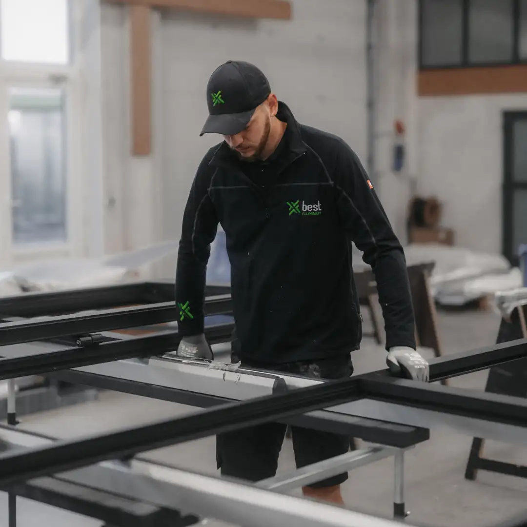 Mitarbeiter setzt Aluminiumprofile zusammen